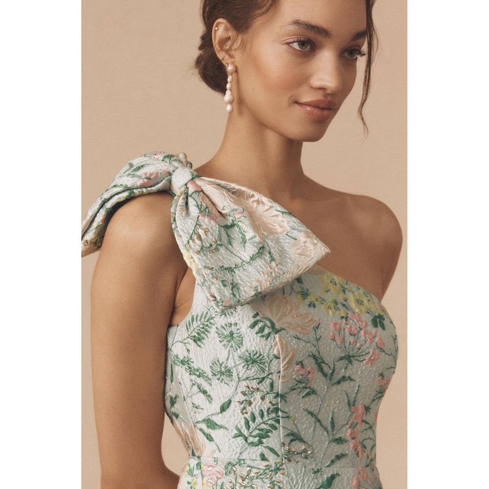 Mac Duggal One-Shoulder Floral Gown in Pastel Green and Pink - Picture 8 of 16